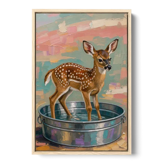 Rustic Bathroom Wall Art Fawn in a Washtub - Oak Framed Canvas Wall Art - Front