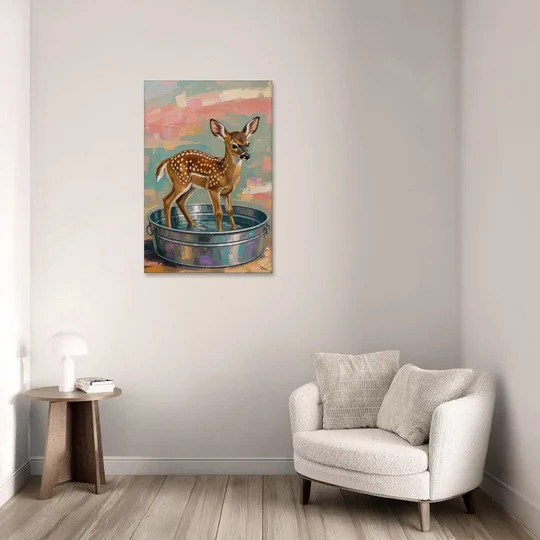 Rustic Bathroom Wall Art Fawn in a Washtub - Canvas Wall Art - Sofa - 24x36