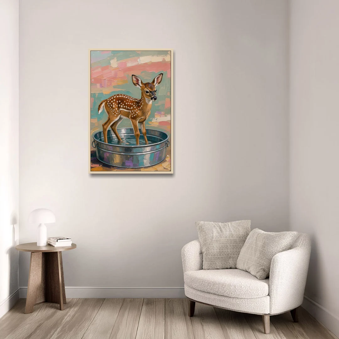Rustic Bathroom Wall Art Fawn in a Washtub - Oak Framed Canvas Wall Art - Sofa - 24x36