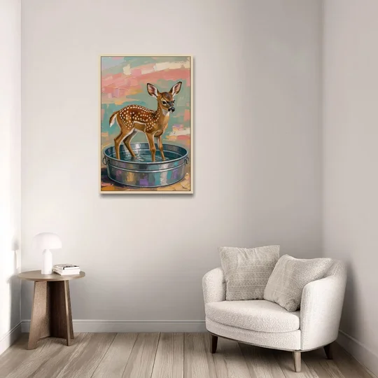 Rustic Bathroom Wall Art Fawn in a Washtub - Oak Framed Canvas Wall Art - Sofa - 24x36