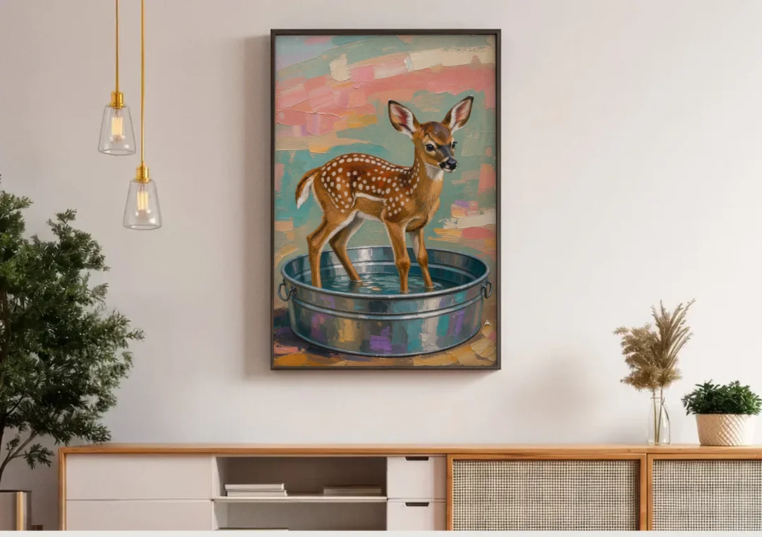 Rustic Bathroom Wall Art Fawn in a Washtub canvas wall art above a wooden sideboard under pendant lights