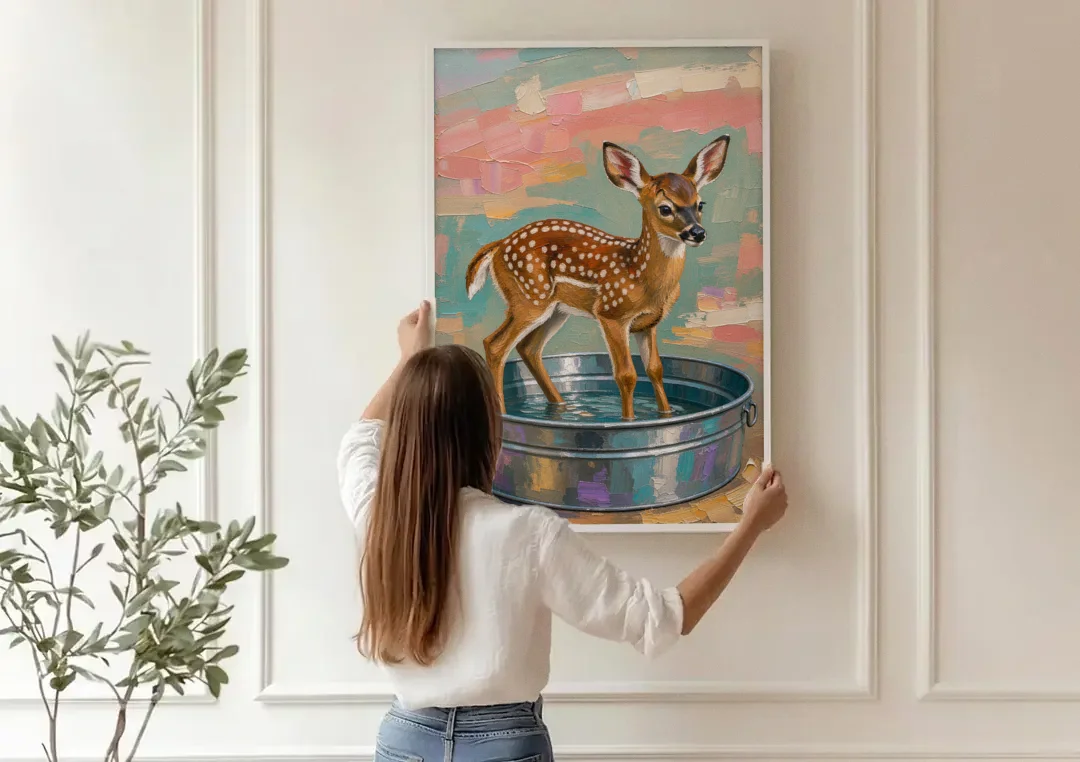 Rustic Bathroom Wall Art Fawn in a Washtub canvas wall art being hung on a paneled wall