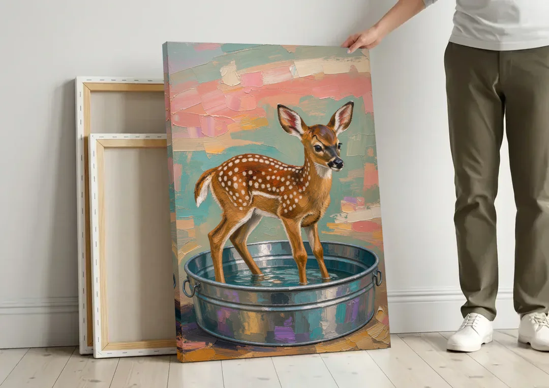 Rustic Bathroom Wall Art Fawn in a Washtub canvas wall art leaning against a wall next to blank canvases