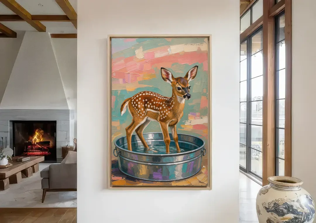 Rustic Bathroom Wall Art Fawn in a Washtub canvas wall art in a living room with a fireplace