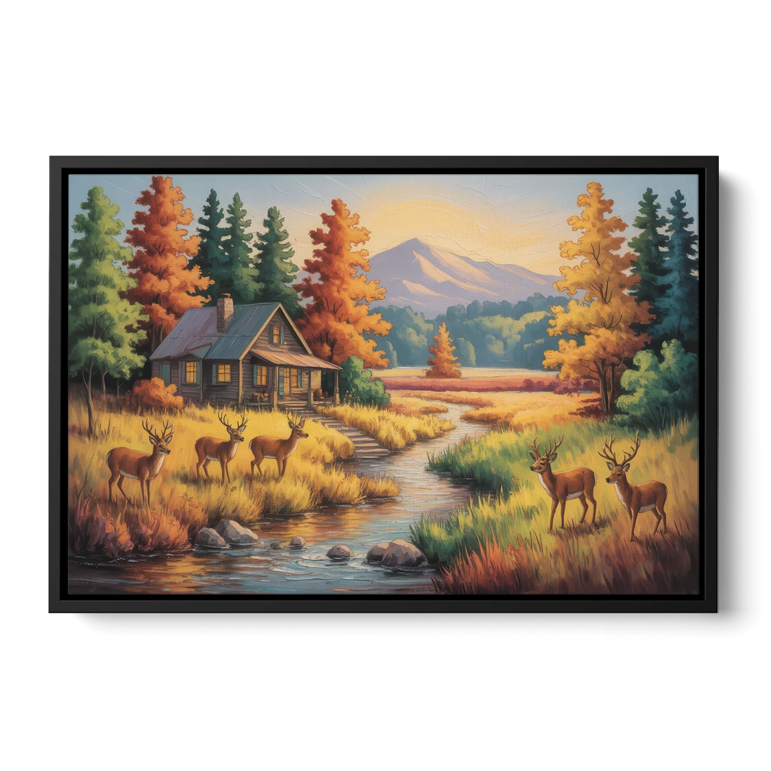 Rustic Cabin Deer Scene - Black Framed Canvas Wall Art - Front