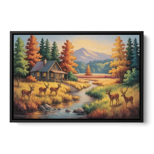 Rustic Cabin Deer Scene - Black Framed Canvas Wall Art - Front