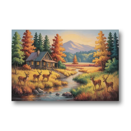 Rustic Cabin Deer Scene - Canvas Wall Art - Front