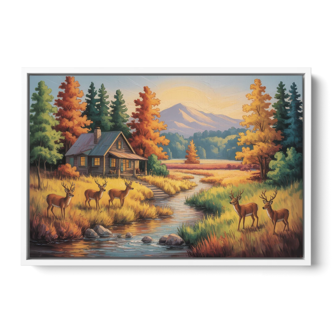 Rustic Cabin Deer Scene - White Framed Canvas Wall Art - Front