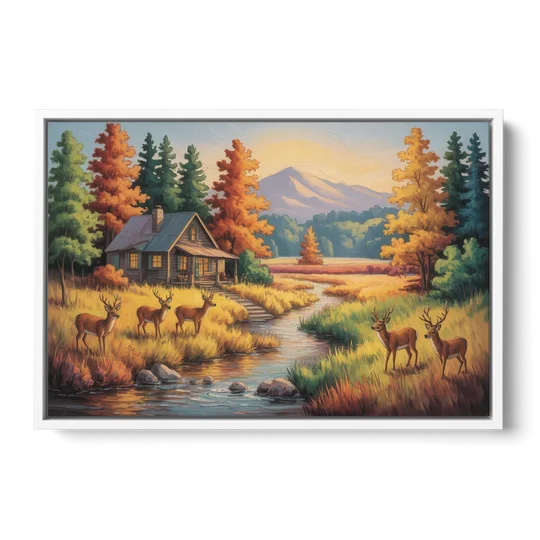 Rustic Cabin Deer Scene - White Framed Canvas Wall Art - Front