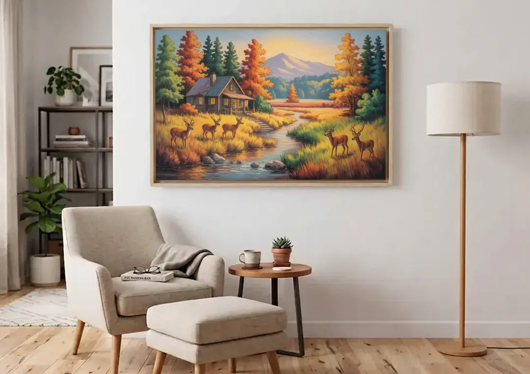 Rustic Cabin Deer Scene canvas wall art above an armchair in a bright living room