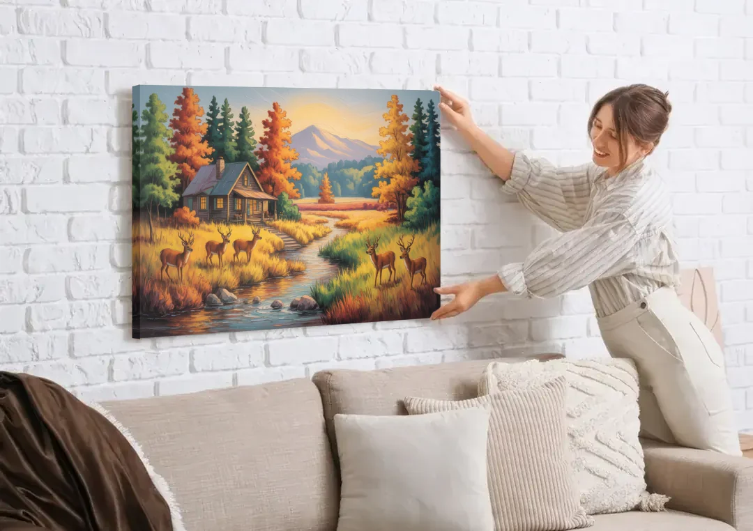 Rustic Cabin Deer Scene canvas wall art being hung on a white brick wall above a sofa