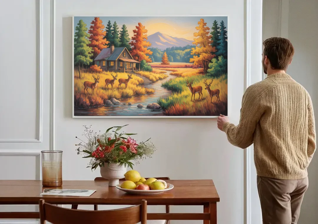 Rustic Cabin Deer Scene canvas wall art above a dining table