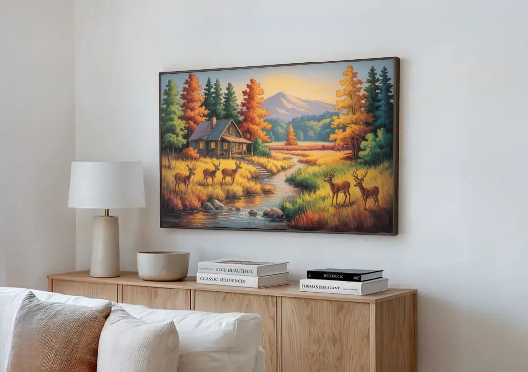 Rustic Cabin Deer Scene canvas wall art above a wooden sideboard next to a sofa