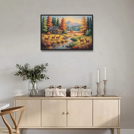 Rustic Cabin Deer Scene - Black Framed Canvas Wall Art - Coffee Table - 36x24