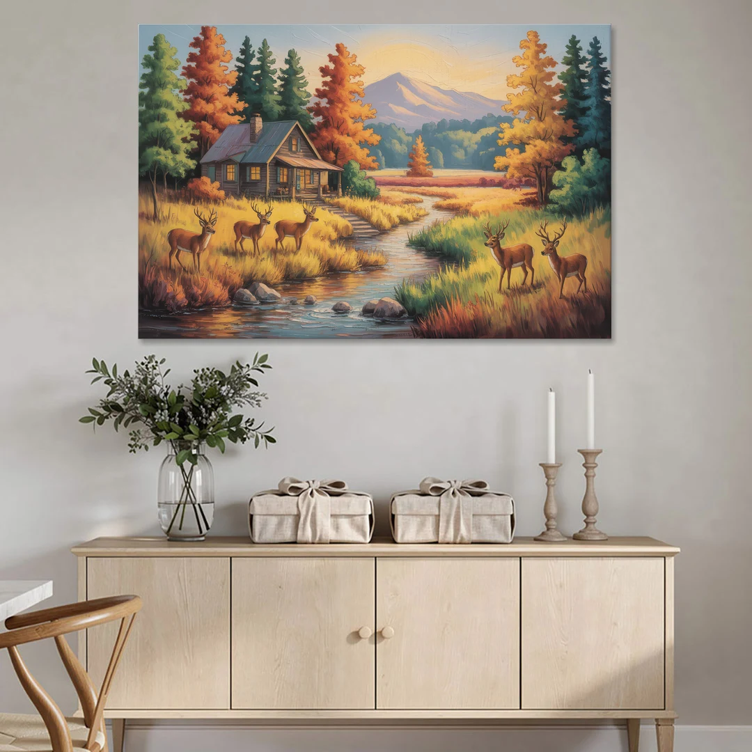 Rustic Cabin Deer Scene - Canvas Wall Art - Coffee Table - 60x40