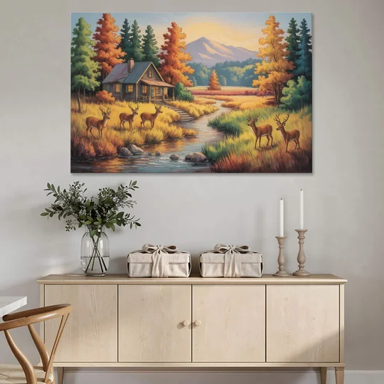 Rustic Cabin Deer Scene - Canvas Wall Art - Coffee Table - 60x40