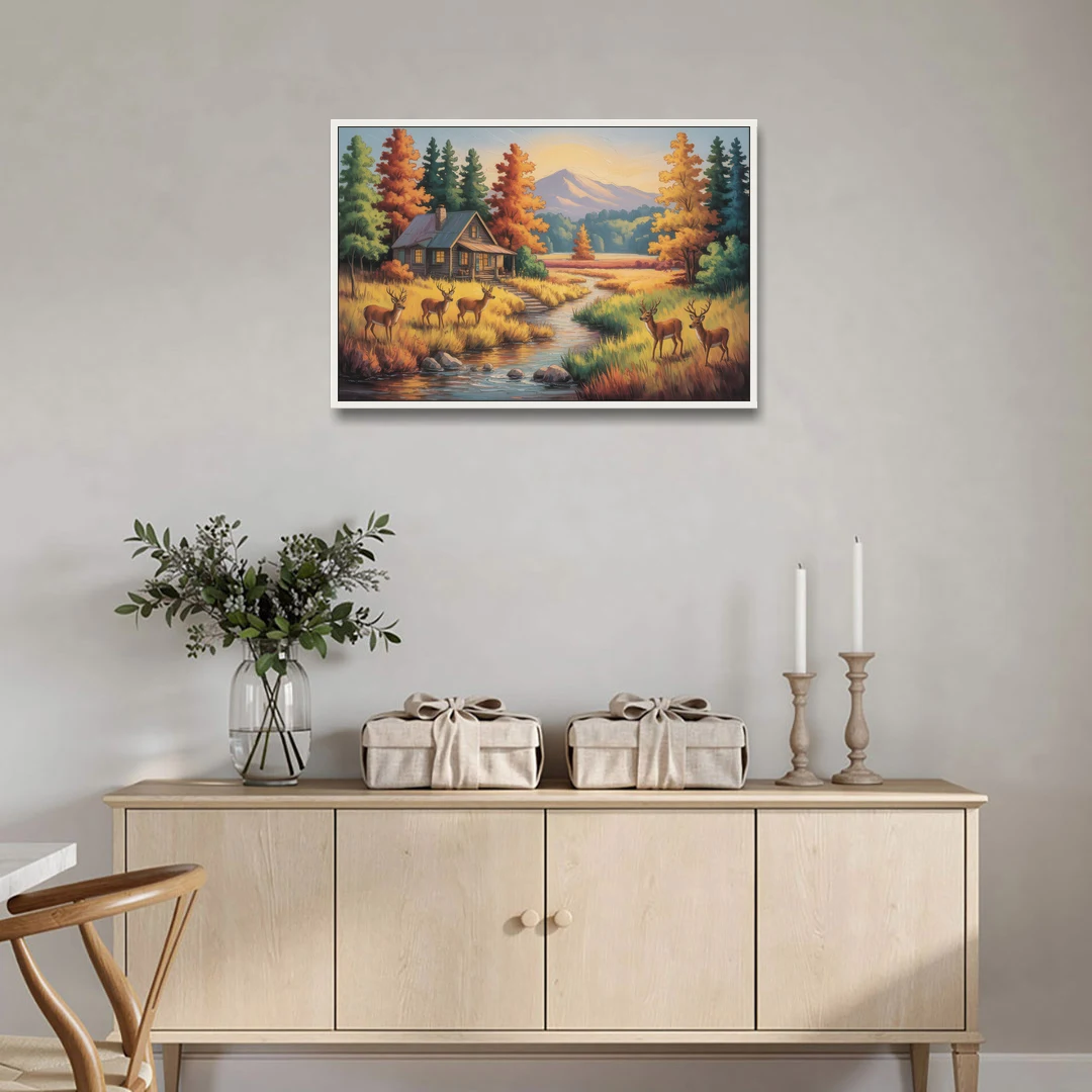 Rustic Cabin Deer Scene - White Framed Canvas Wall Art - Coffee Table - 36x24