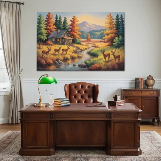 Rustic Cabin Deer Scene - Canvas Wall Art - Office - 60x40