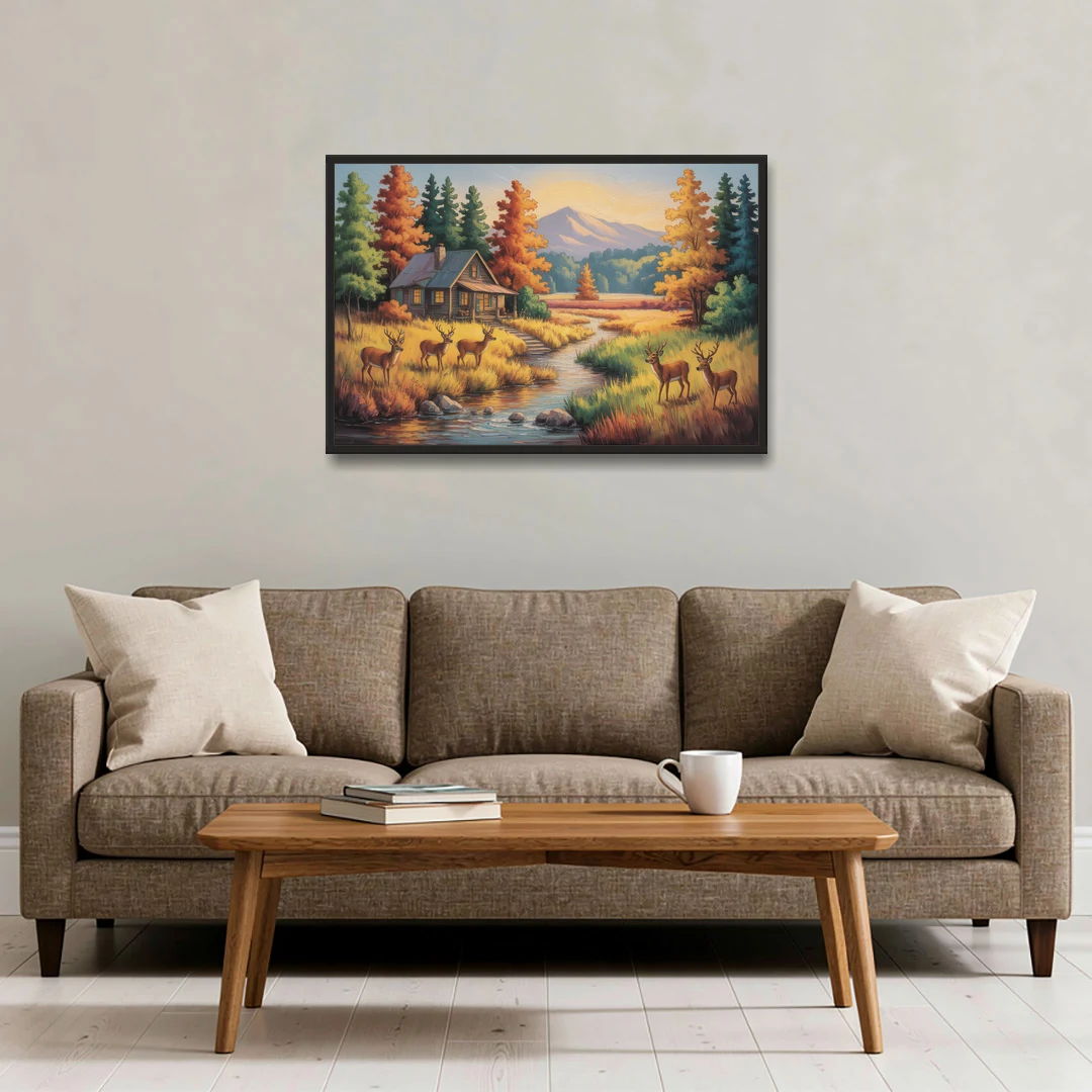 Rustic Cabin Deer Scene - Black Framed Canvas Wall Art - Sofa - 36x24