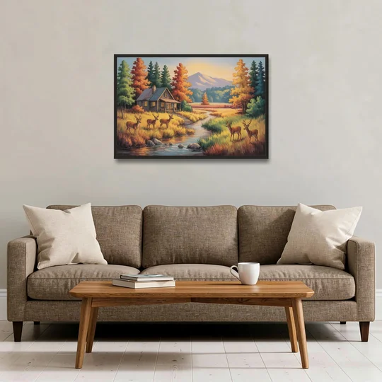 Rustic Cabin Deer Scene - Black Framed Canvas Wall Art - Sofa - 36x24
