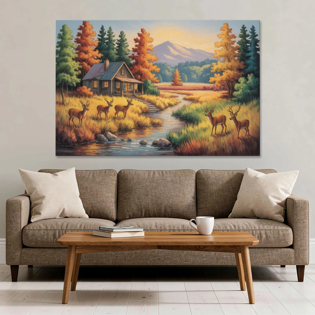Rustic Cabin Deer Scene - Canvas Wall Art - Sofa - 60x40