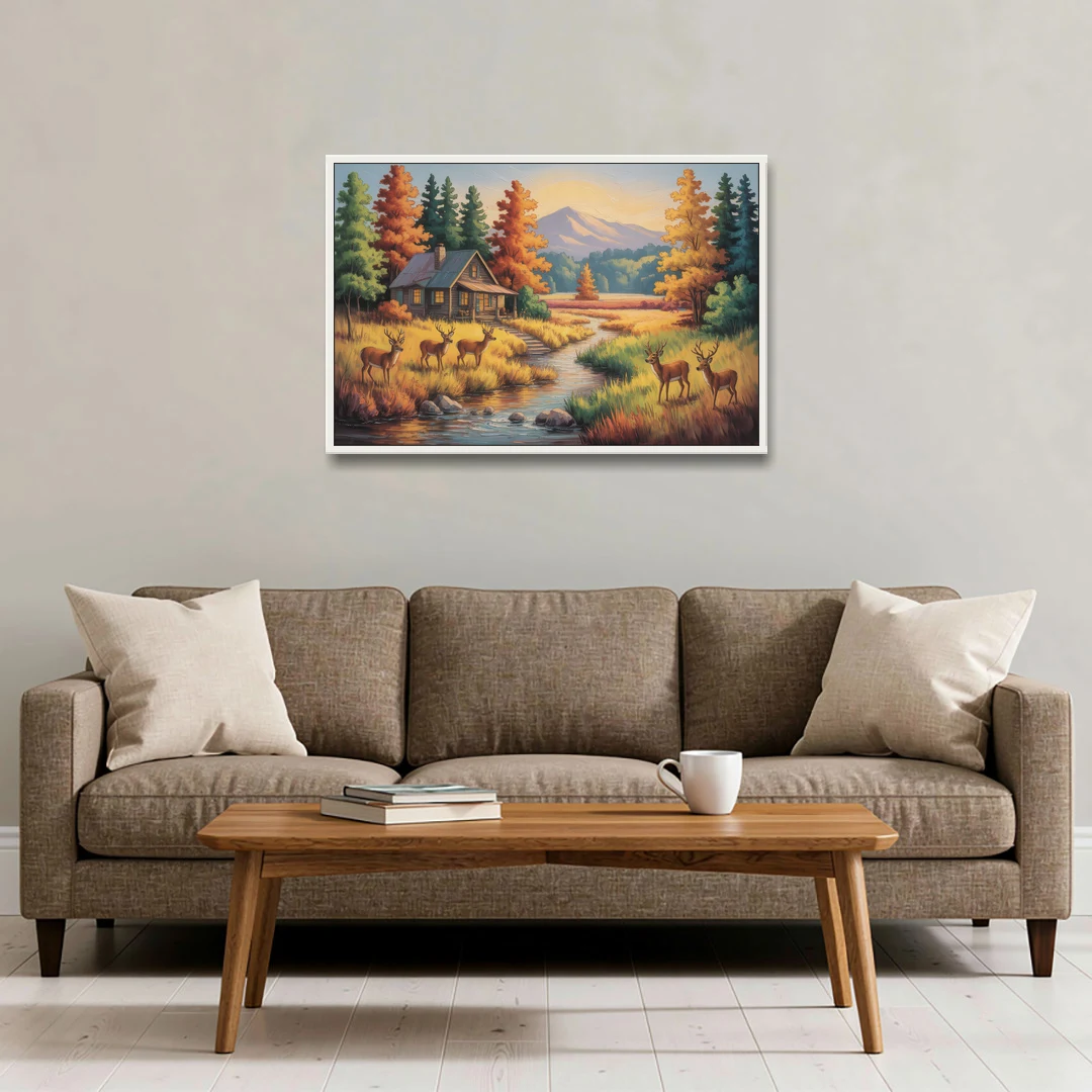 Rustic Cabin Deer Scene - White Framed Canvas Wall Art - Sofa - 36x24