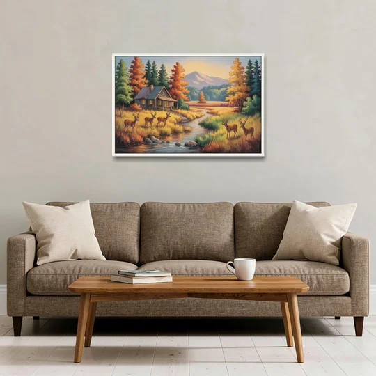 Rustic Cabin Deer Scene - White Framed Canvas Wall Art - Sofa - 36x24