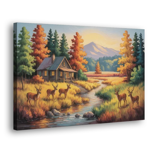 Rustic Cabin Deer Scene - Canvas Wall Art - Side