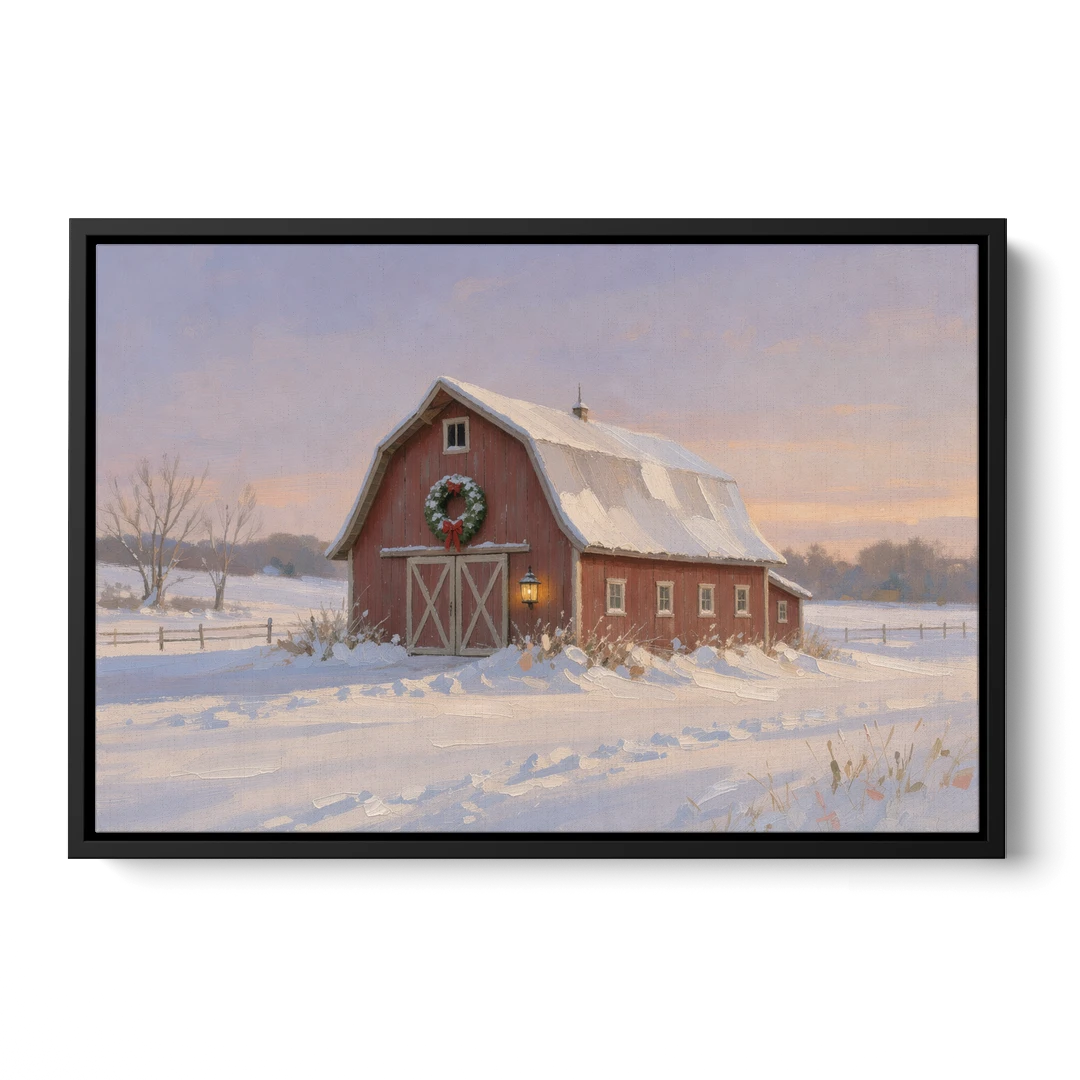 Rustic Christmas Wall Decor Red Barn at Dusk - Black Framed Canvas Wall Art - Front