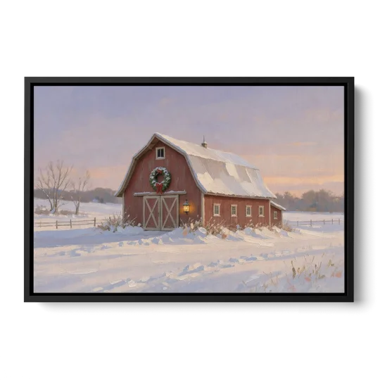 Rustic Christmas Wall Decor Red Barn at Dusk - Black Framed Canvas Wall Art - Front