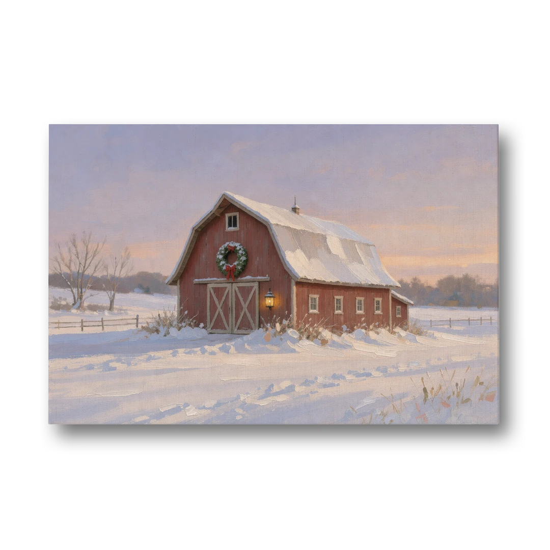 Rustic Christmas Wall Decor Red Barn at Dusk - Canvas Wall Art - Front