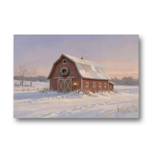 Rustic Christmas Wall Decor Red Barn at Dusk - Canvas Wall Art - Front