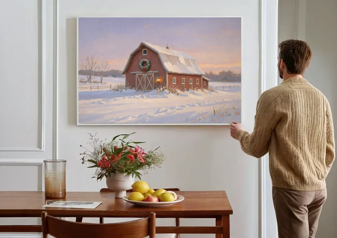 Rustic Christmas Wall Decor Red Barn at Dusk canvas wall art above a dining table