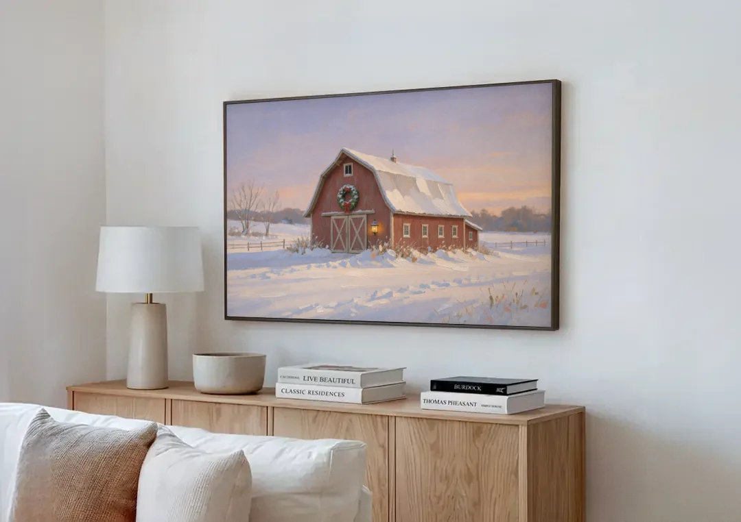 Rustic Christmas Wall Decor Red Barn at Dusk canvas wall art above a wooden sideboard next to a sofa
