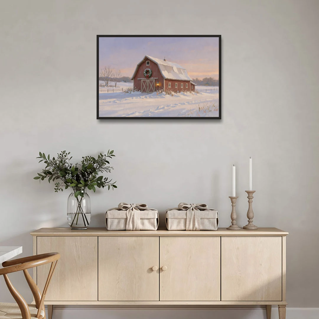 Rustic Christmas Wall Decor Red Barn at Dusk - Black Framed Canvas Wall Art - Coffee Table - 36x24