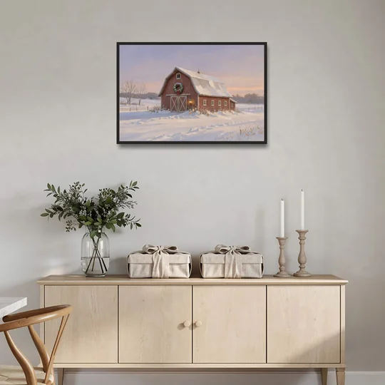 Rustic Christmas Wall Decor Red Barn at Dusk - Black Framed Canvas Wall Art - Coffee Table - 36x24