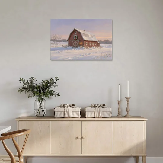 Rustic Christmas Wall Decor Red Barn at Dusk - Canvas Wall Art - Coffee Table - 36x24