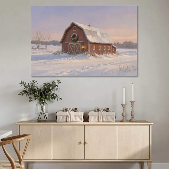 Rustic Christmas Wall Decor Red Barn at Dusk - Canvas Wall Art - Coffee Table - 60x40