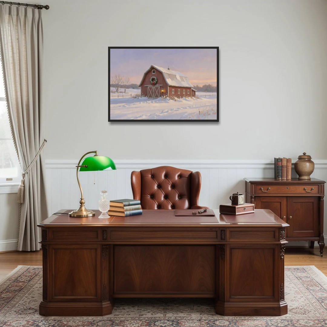 Rustic Christmas Wall Decor Red Barn at Dusk - Black Framed Canvas Wall Art - Office - 36x24