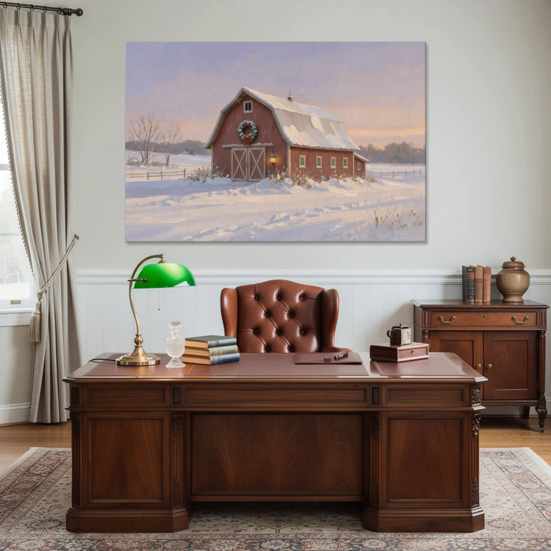 Rustic Christmas Wall Decor Red Barn at Dusk - Canvas Wall Art - Office - 60x40