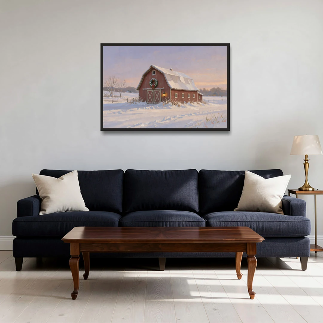 Rustic Christmas Wall Decor Red Barn at Dusk - Black Framed Canvas Wall Art - Sofa - 36x24