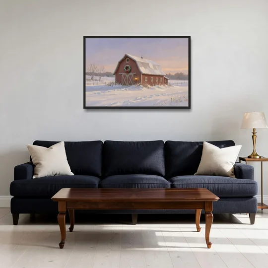 Rustic Christmas Wall Decor Red Barn at Dusk - Black Framed Canvas Wall Art - Sofa - 36x24