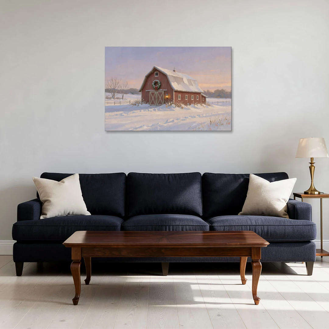 Rustic Christmas Wall Decor Red Barn at Dusk - Canvas Wall Art - Sofa - 36x24