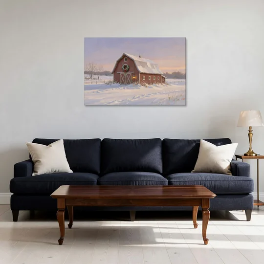 Rustic Christmas Wall Decor Red Barn at Dusk - Canvas Wall Art - Sofa - 36x24