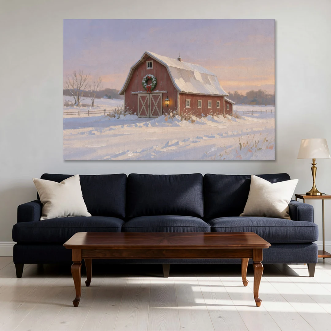 Rustic Christmas Wall Decor Red Barn at Dusk - Canvas Wall Art - Sofa - 60x40