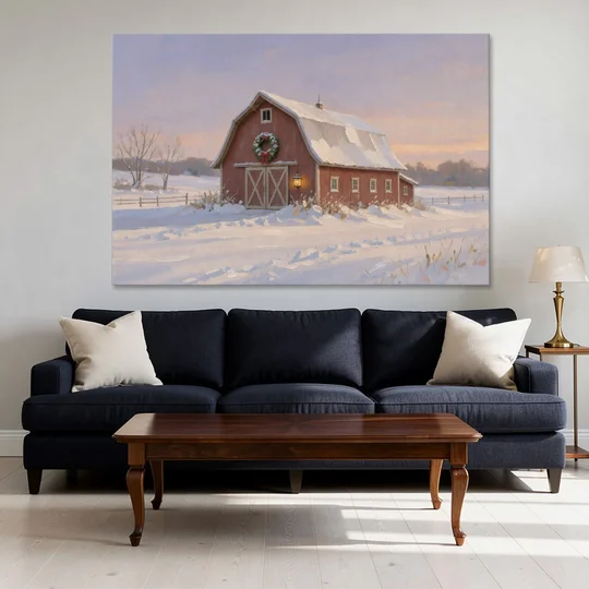 Rustic Christmas Wall Decor Red Barn at Dusk - Canvas Wall Art - Sofa - 60x40