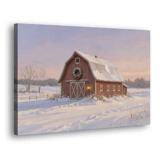 Rustic Christmas Wall Decor Red Barn at Dusk - Canvas Wall Art - Side