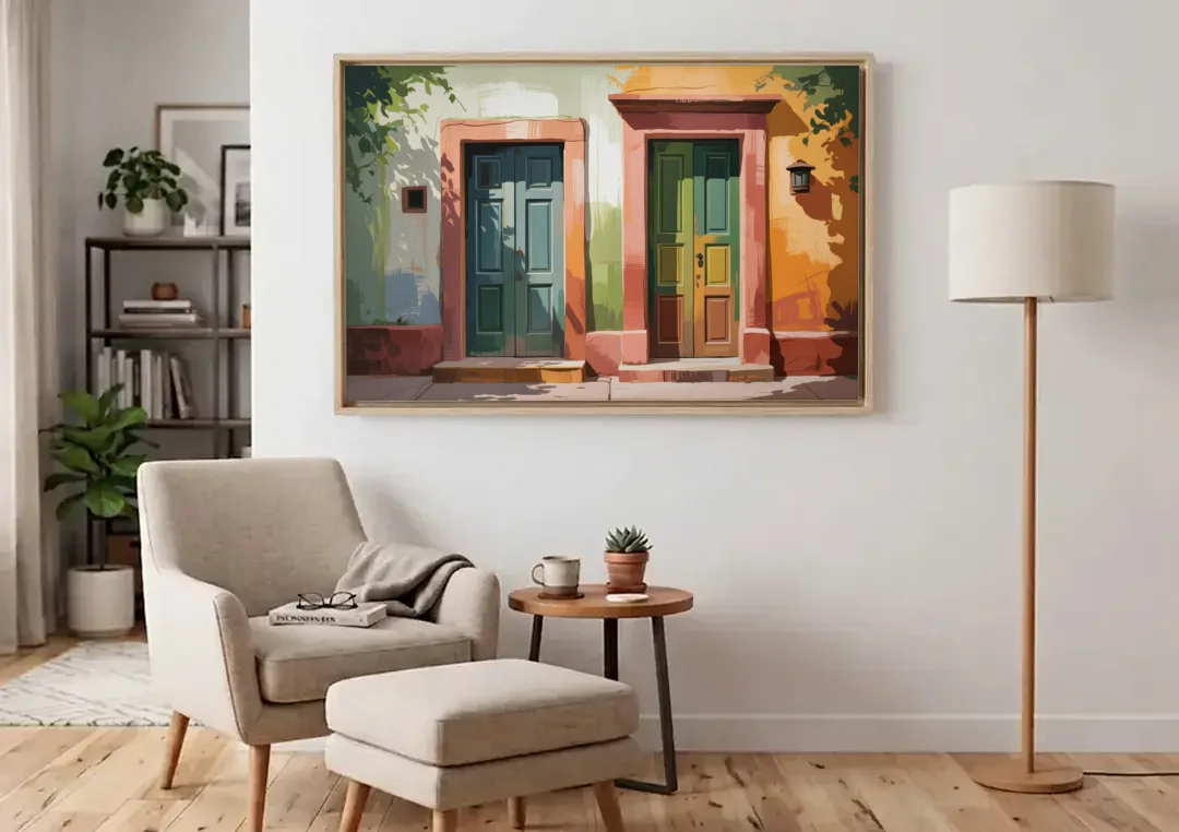 Rustic Colonial Doors canvas wall art above an armchair in a bright living room