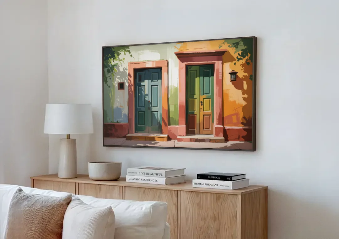 Rustic Colonial Doors canvas wall art above a wooden sideboard next to a sofa