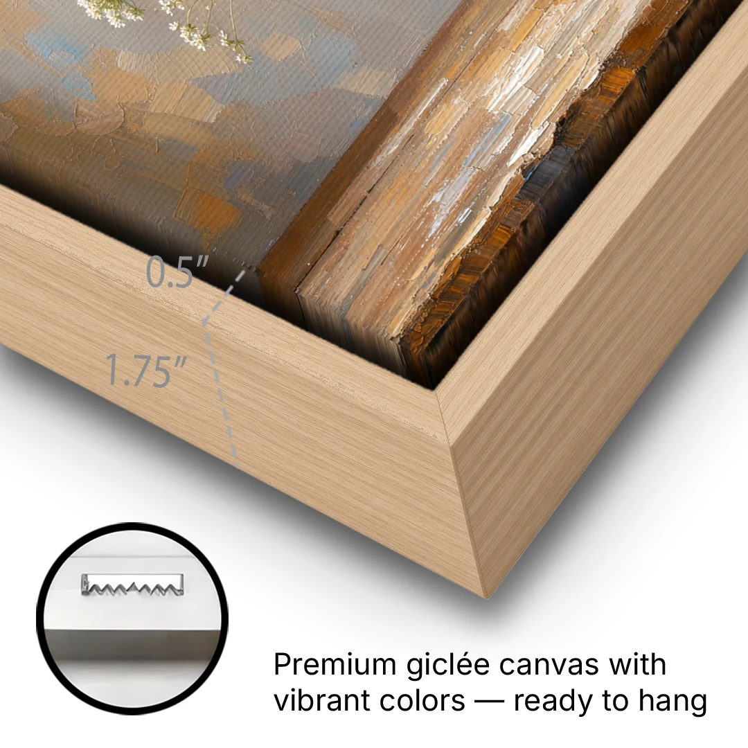 Rustic Kitchen Wall Art with Queen Anne's Lace - Oak Framed Canvas Wall Art - Gallery Wrap Corner